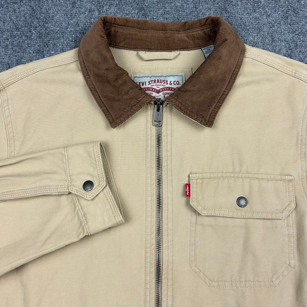 Levi's Canvas Trucker Jacket Mens M Tan Corduroy Collar Workwear Chore Coat